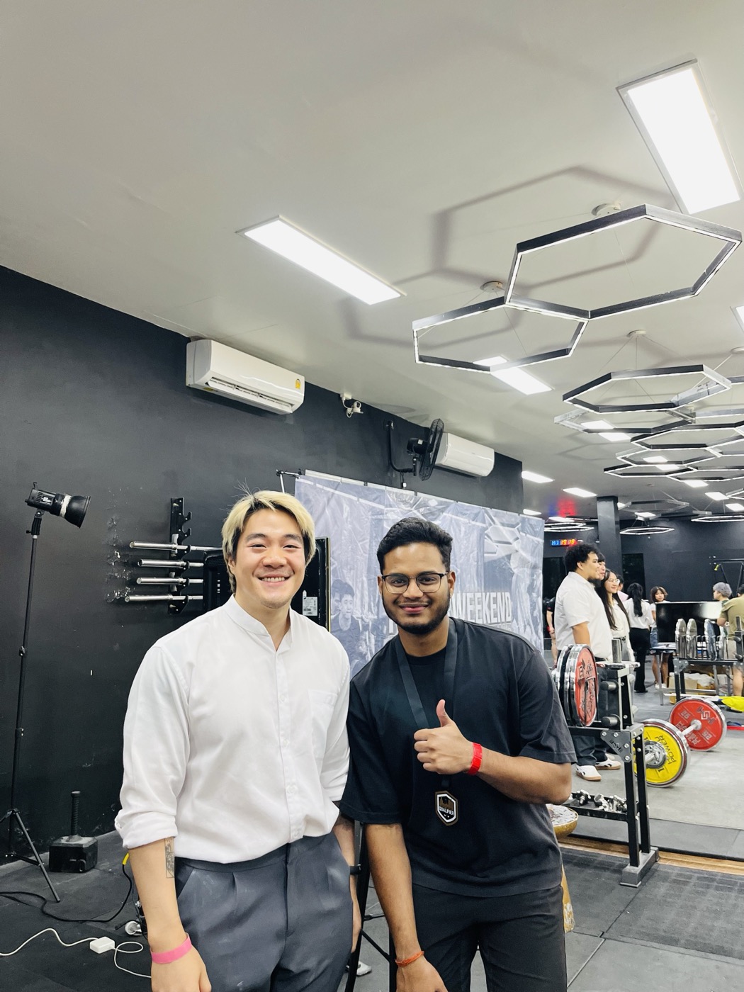 Sai Teja after a powerlifting meet with another athlete